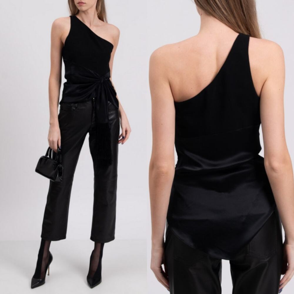 Cinq à Sept Theoline‎ Black One Shoulder Ruched Top Large 100% Silk